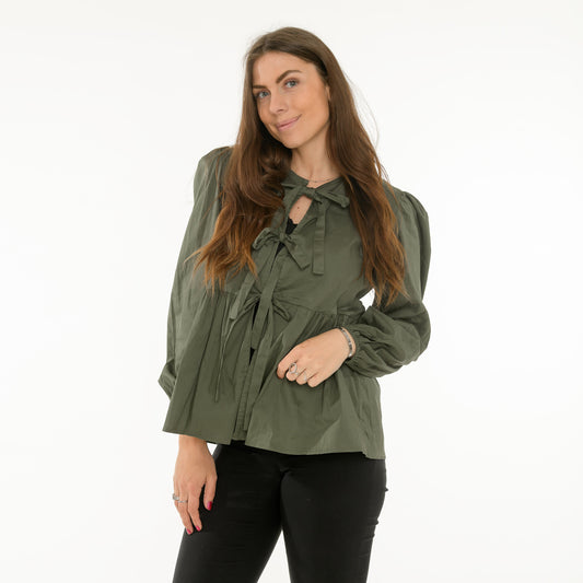 Louisa Bluse med sløjfer - Army Grøn
